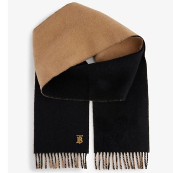 Burberry Reversible Monogram Motif Cashmere Scarf Black / Tan NWOT - Picture 2 of 7